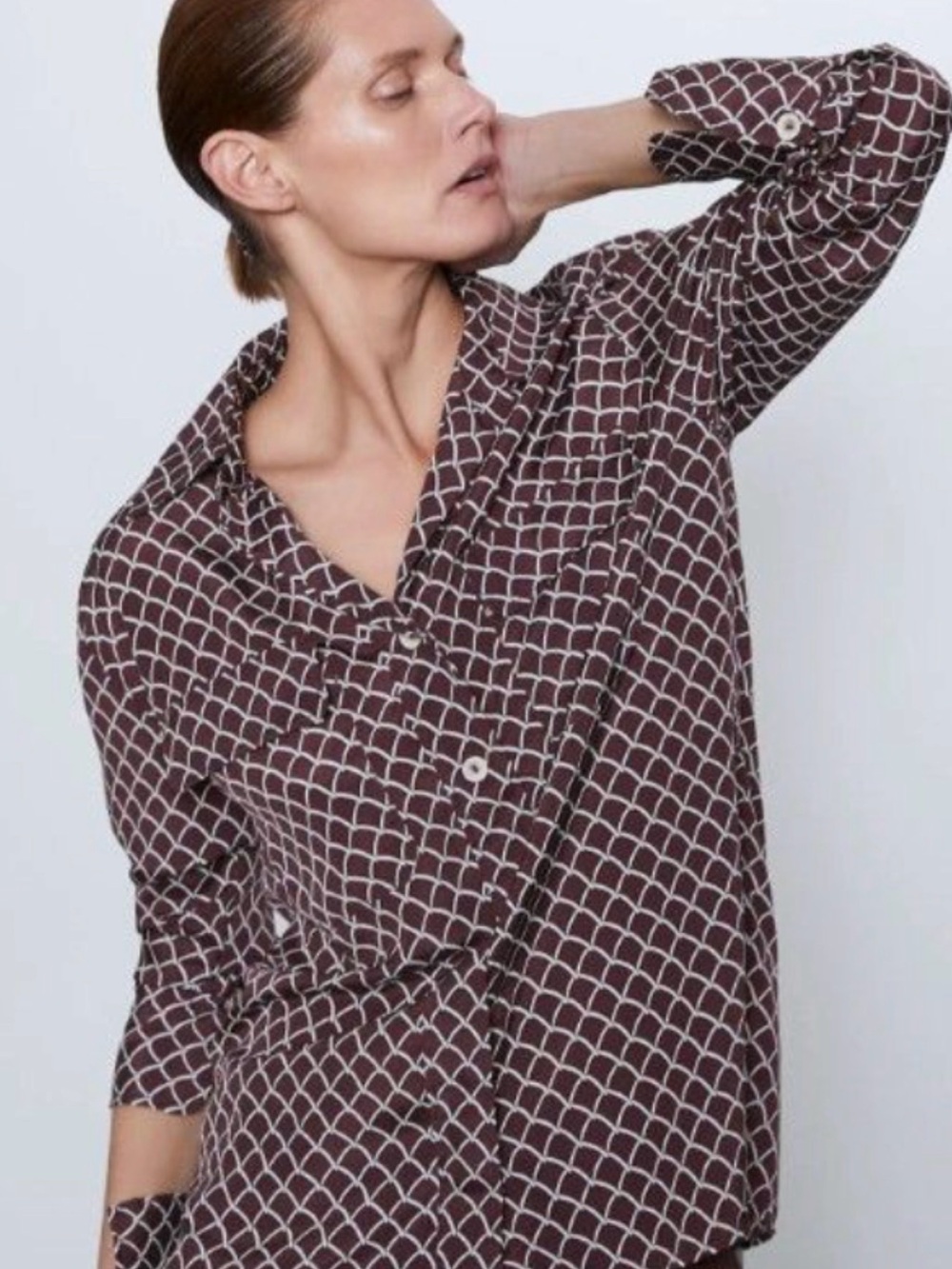 Zara Brown Geometric Print Button-Down Shirt